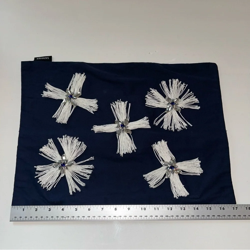 🍀3 for &25 Safavieh Throw Pillow Navy Blue White Tassel Star Crystal Beaded